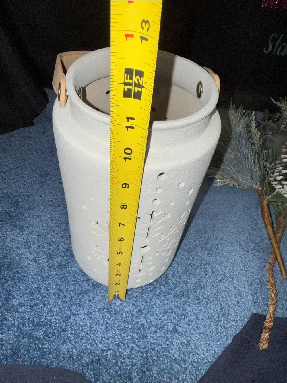 Neutral White Lantern Vase with Frosted Pine Arrangement